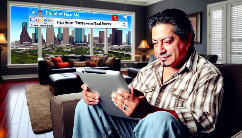 A Houston plumber using a smartphone to find nearby plumbing services amidst a vibrant neighborhood scene.