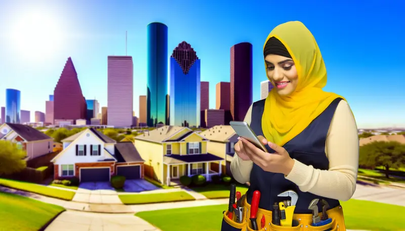 A Houston plumber using a smartphone to find nearby plumbing services amidst a vibrant neighborhood scene.