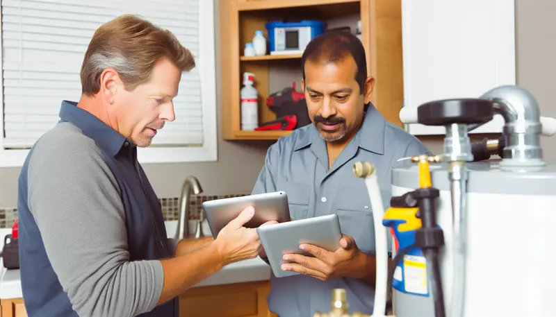 A licensed plumber diagnosing a water heater issue in a Houston home.