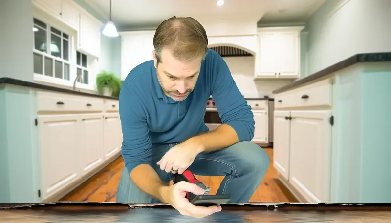 Homeowner documenting water damage in the kitchen after plumbing mishap.