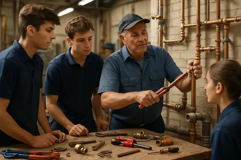 Apprentice plumbers learning at a busy workshop, symbolizing efforts to address the skilled plumber shortage.