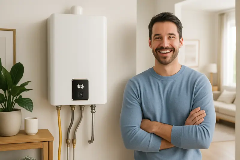Modern home with a wall-mounted tankless water heater emphasizing efficiency.