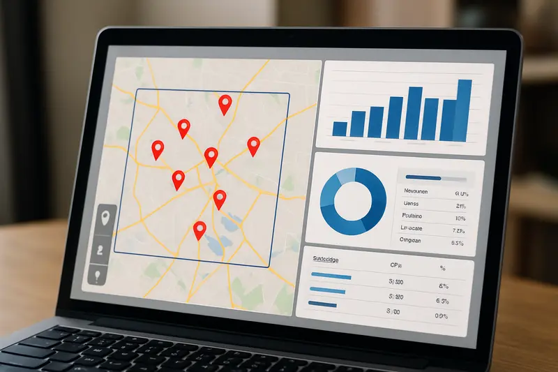 Geo-targeted PPC dashboard with location-based settings for local plumber ads