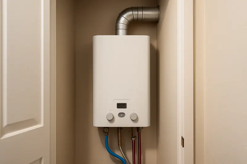Modern home with a wall-mounted tankless water heater emphasizing efficiency.